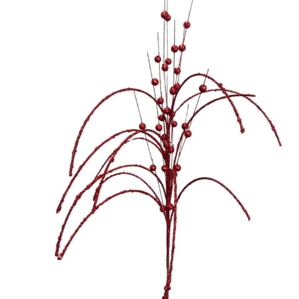 Large Red Glitter Millet Grass Ball Spray Christmas Stem Pick Wreath Accent